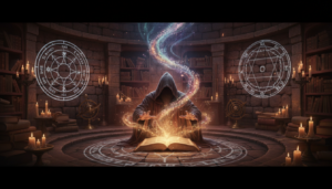 A wizard studies glowing runes and numbers in an ancient tome, representing proficiency bonus 5e calculation and character progression