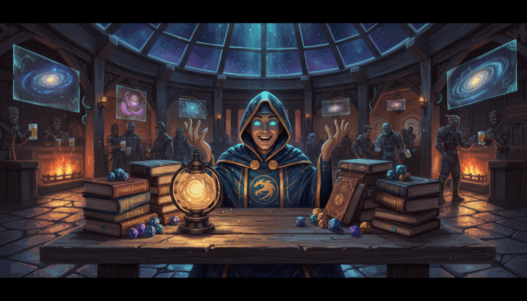 New game master surrounded by RPG tools in a cozy, galactic tavern.