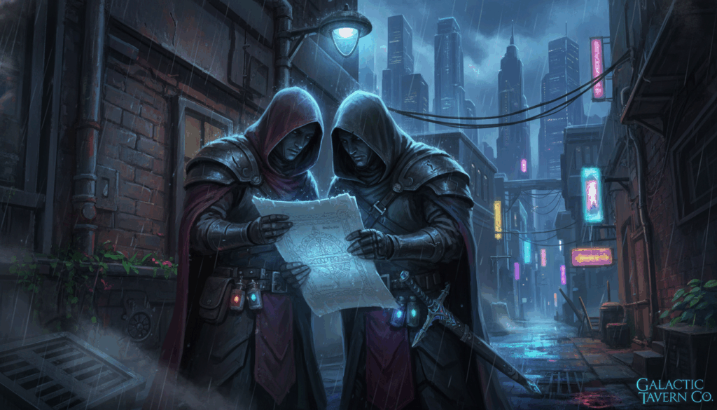 Dimly lit city alley with nervous hands holding an engraved parchment.