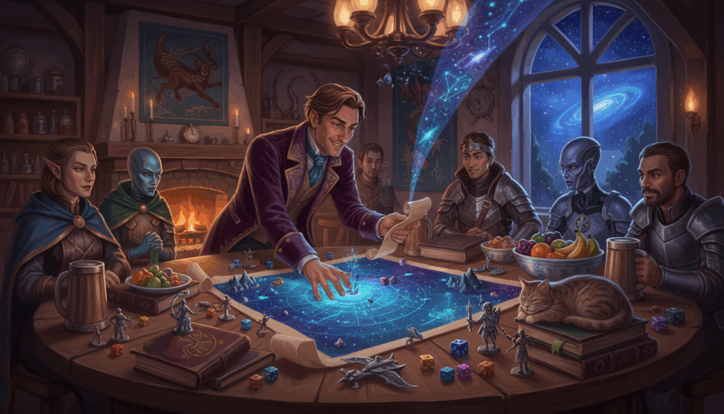 GM unveils a map in a vibrant, cluttered game night scene